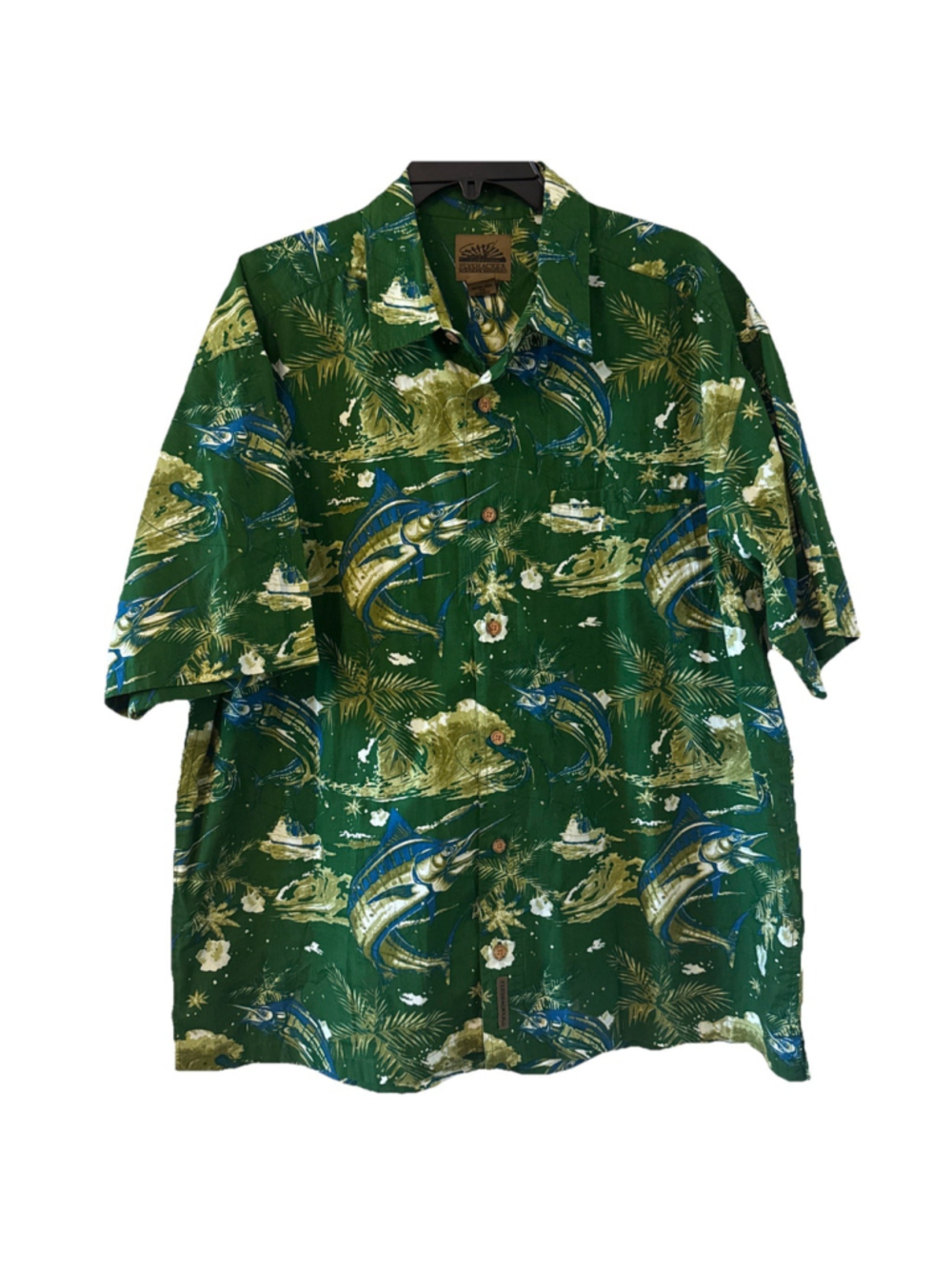Flyshacker Men’s Button Up Short Sleeve Marlin Fishing Shirt XL Green Cotton